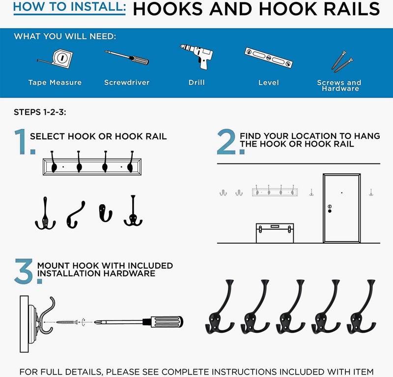 HARPOON 5 Pack Heavy Duty Three Flared Prongs, 4.4 Inch Coat Hooks, Wall Mounted with 15 Screws, Retro Tri-Hook, Utility Hooks for Scarf, Bag, Towel, Key, Cap, Cup, Hat Black - Image 5
